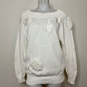 Vintage 90s Winery White Monochrome 3D Graphic Grapes Cotton Boatneck Sweater